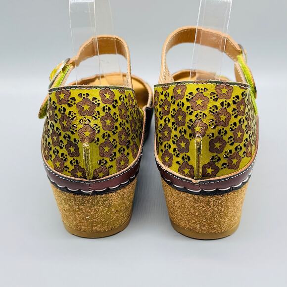 Spring Step L'Artiste Sandals Women 9.5 Green Leather Delphia Wedge Floral Strap - Picture 7 of 11
